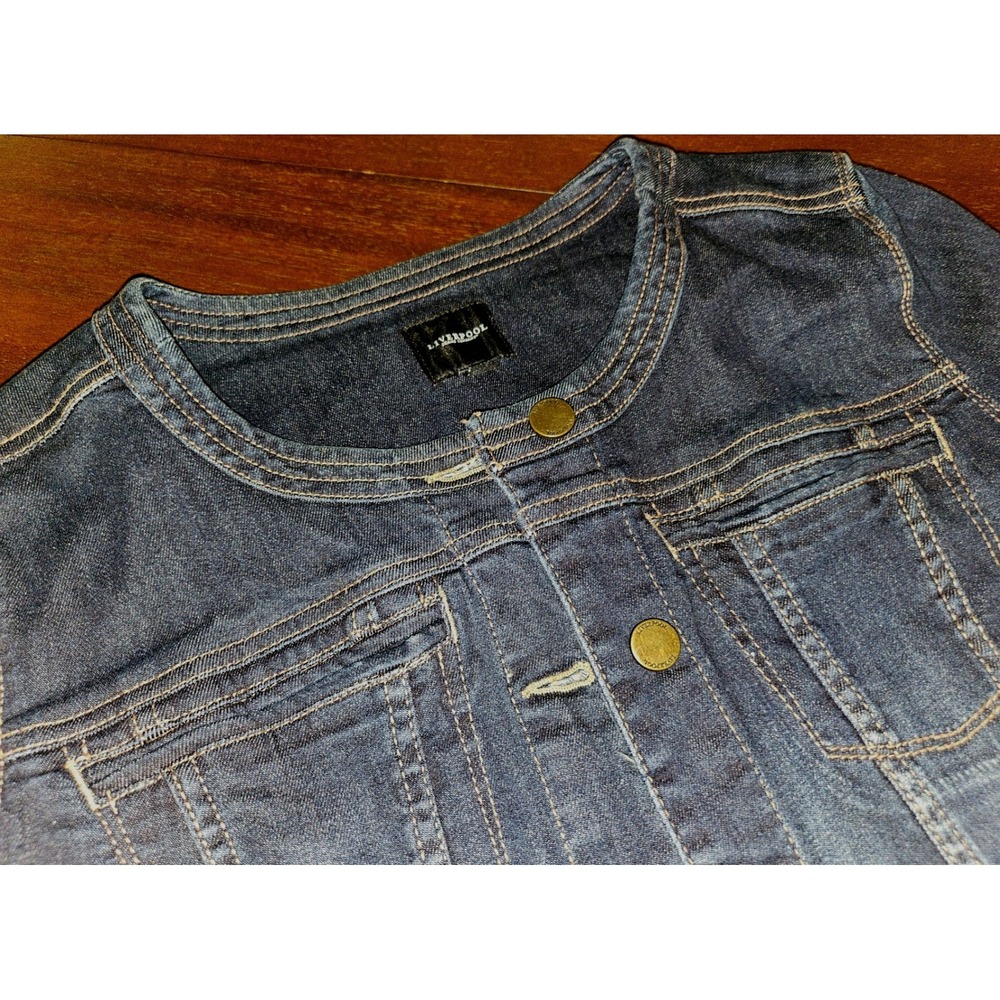 Liverpool Denim Jacket Jr. Girls M Blue Collarless Button Front Stretch Cotton